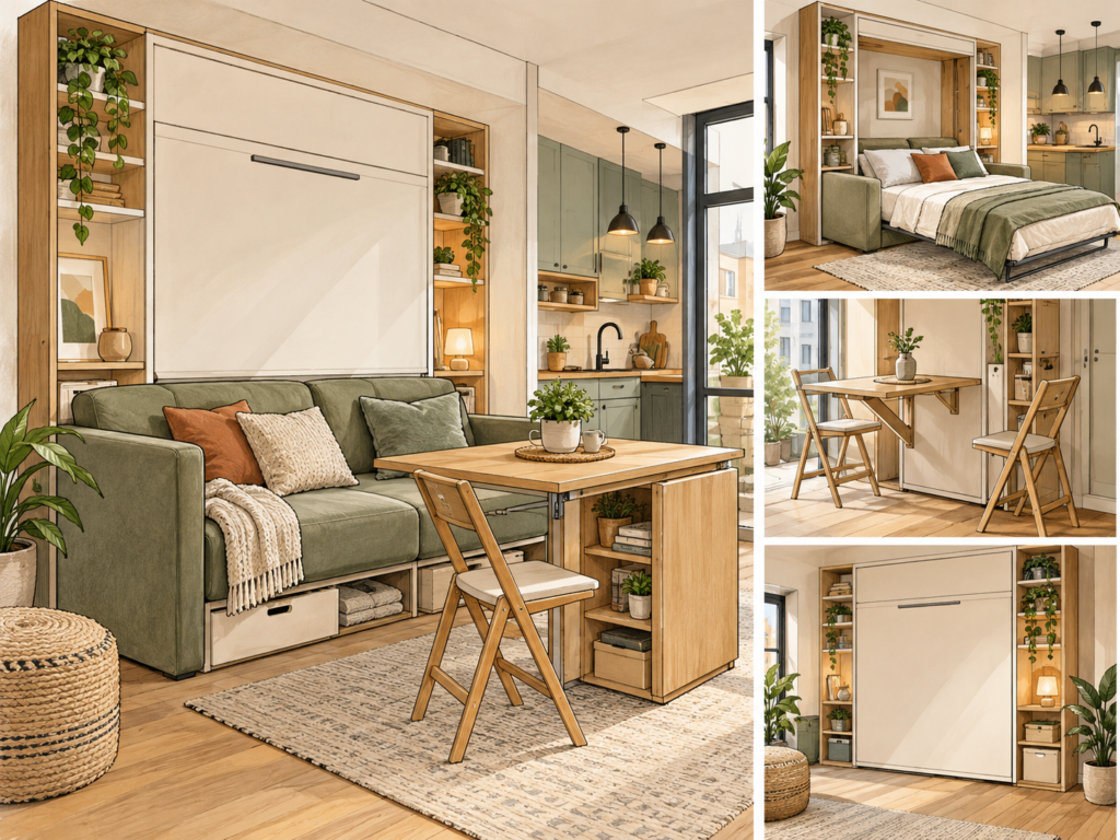 Illustration of a compact apartment with multifunctional furniture, including a convertible sofa, wall bed, folding table and built-in storage